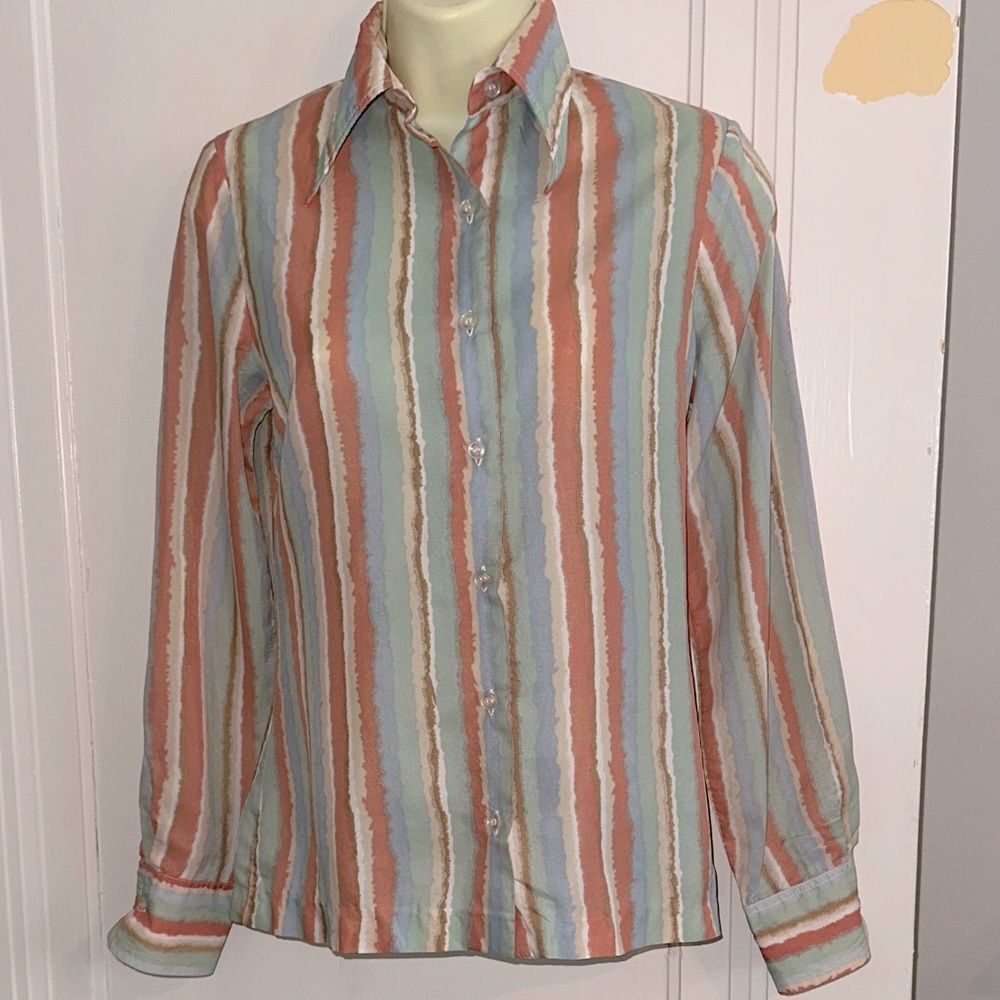 Vintage 70s‎ College Town Striped Orange, Blue, Green, Tan & Cream Shirt